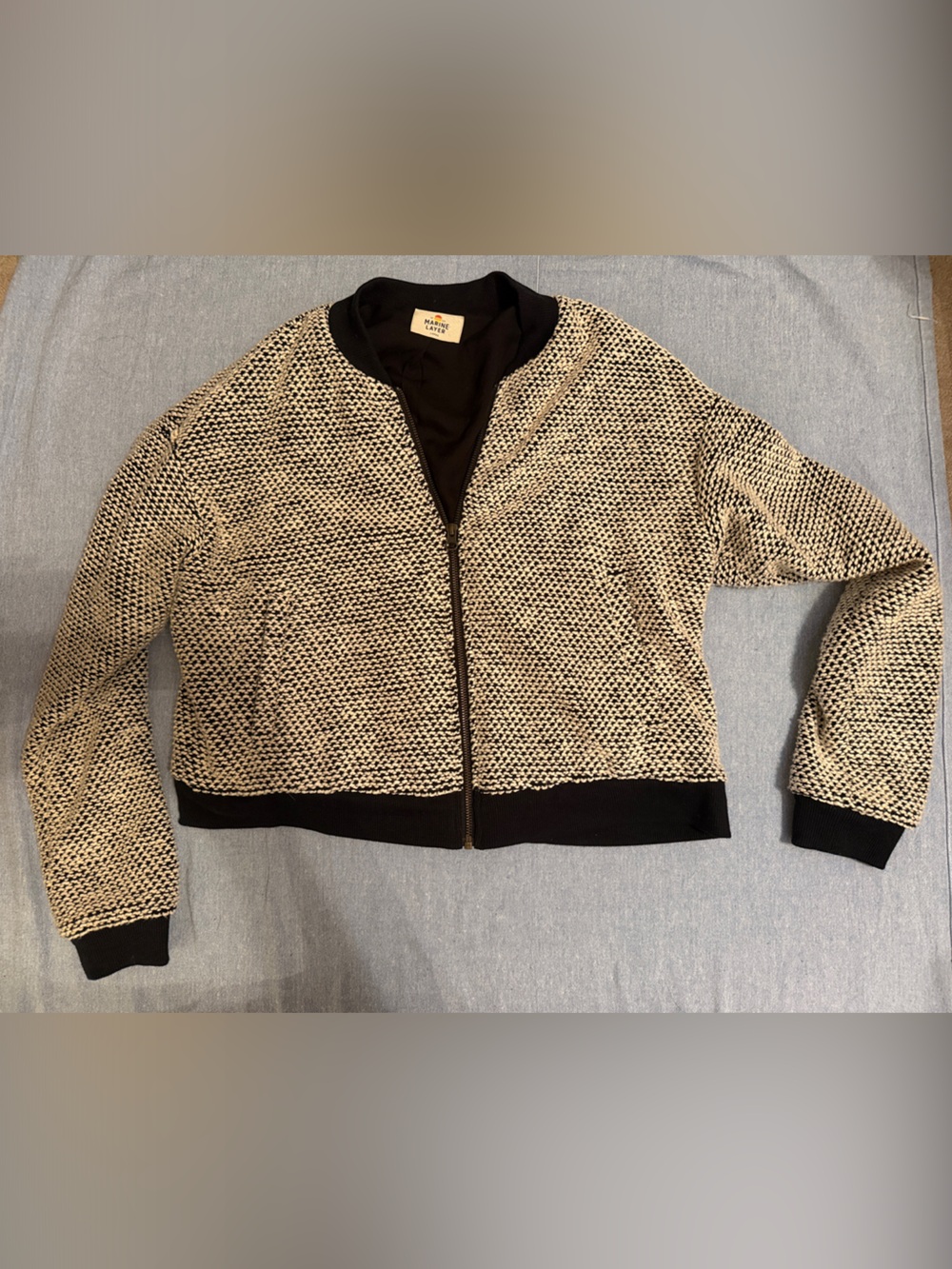 Marine Layer Black and Cream Knit Bomber Jacket